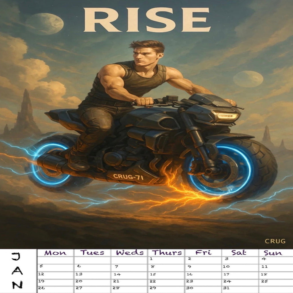 Man riding a motorcycle with glowing wheels on a calendar background