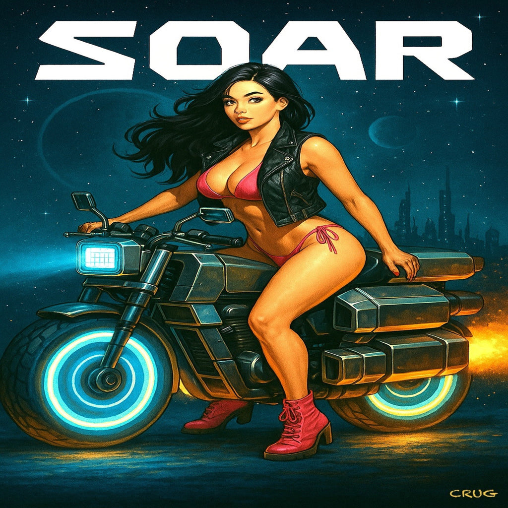 Woman on a futuristic motorcycle with 'SOAR' text in the background
