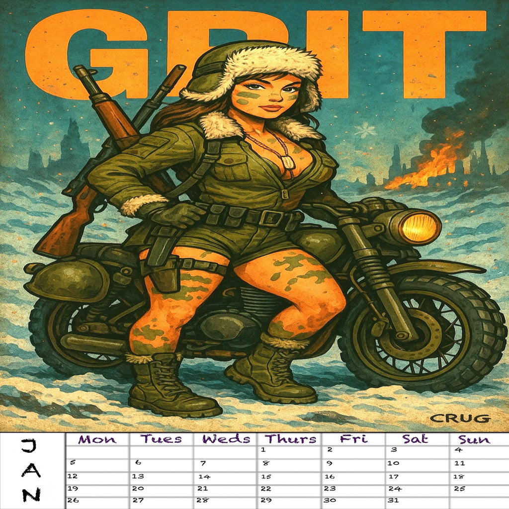 Illustration of a woman on a motorcycle with 'GRIT' text above, featuring a calendar at the bottom.
