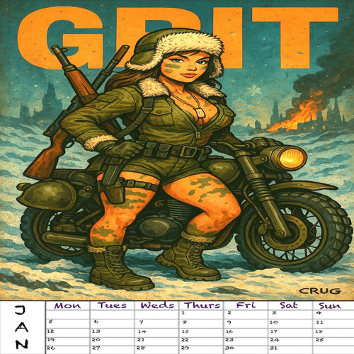Illustration of a woman on a motorcycle with 'GRIT' text above, featuring a calendar at the bottom.
