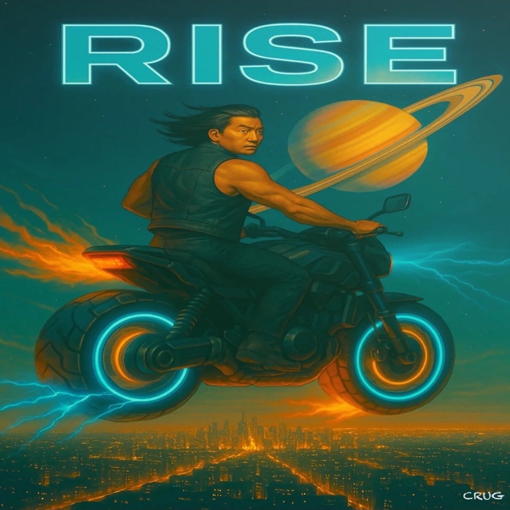 Person riding a futuristic motorcycle with 'RISE' text and planet in the background