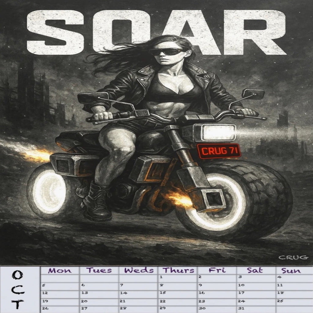 Calendar page with a woman on a motorcycle and the word 'SOAR' above her.
