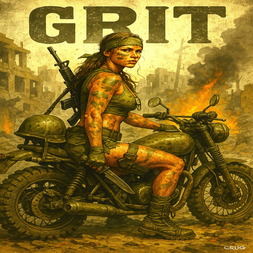 Woman on a motorcycle with 'GRIT' text in a post-apocalyptic setting
