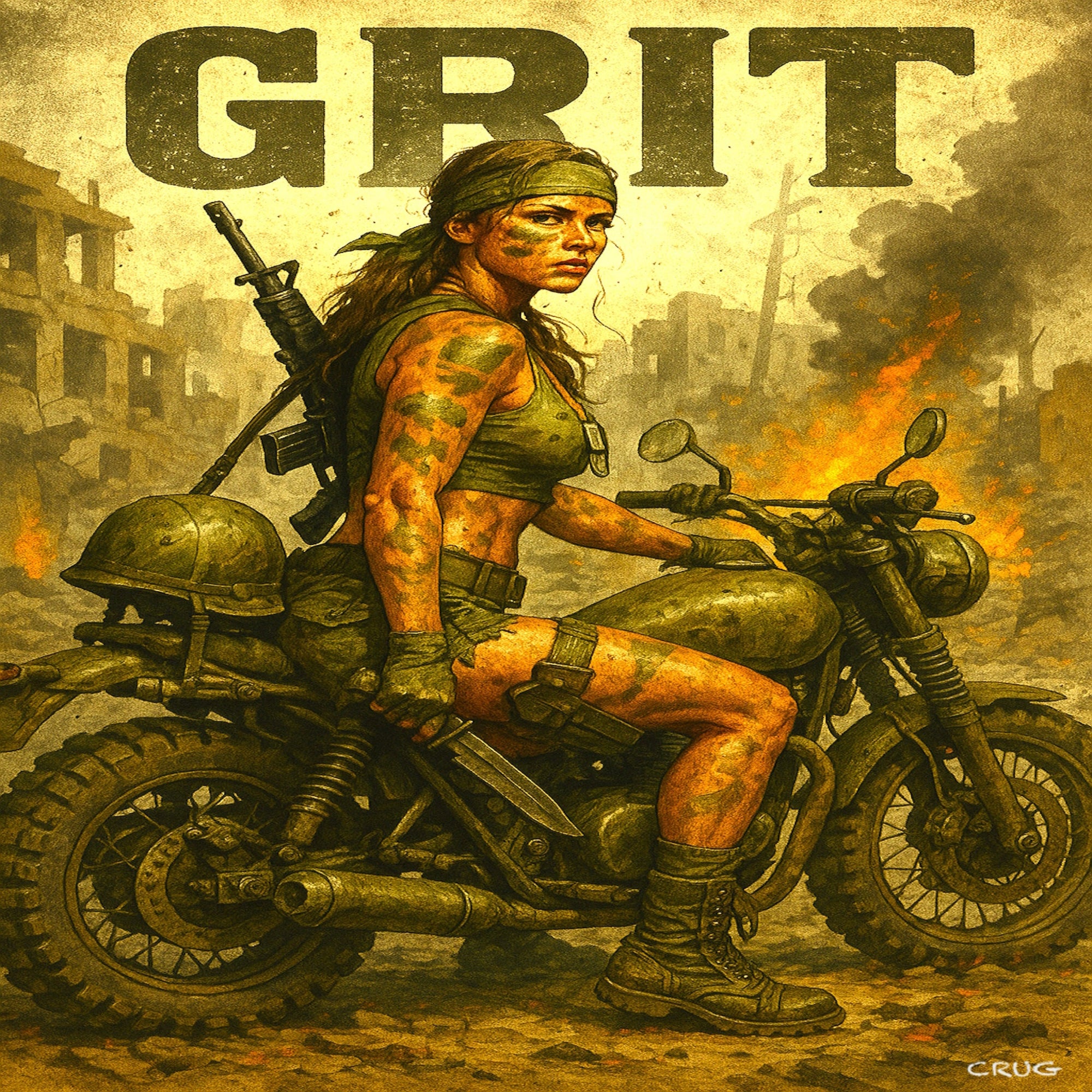 Woman on a motorcycle with 'GRIT' text in a post-apocalyptic setting