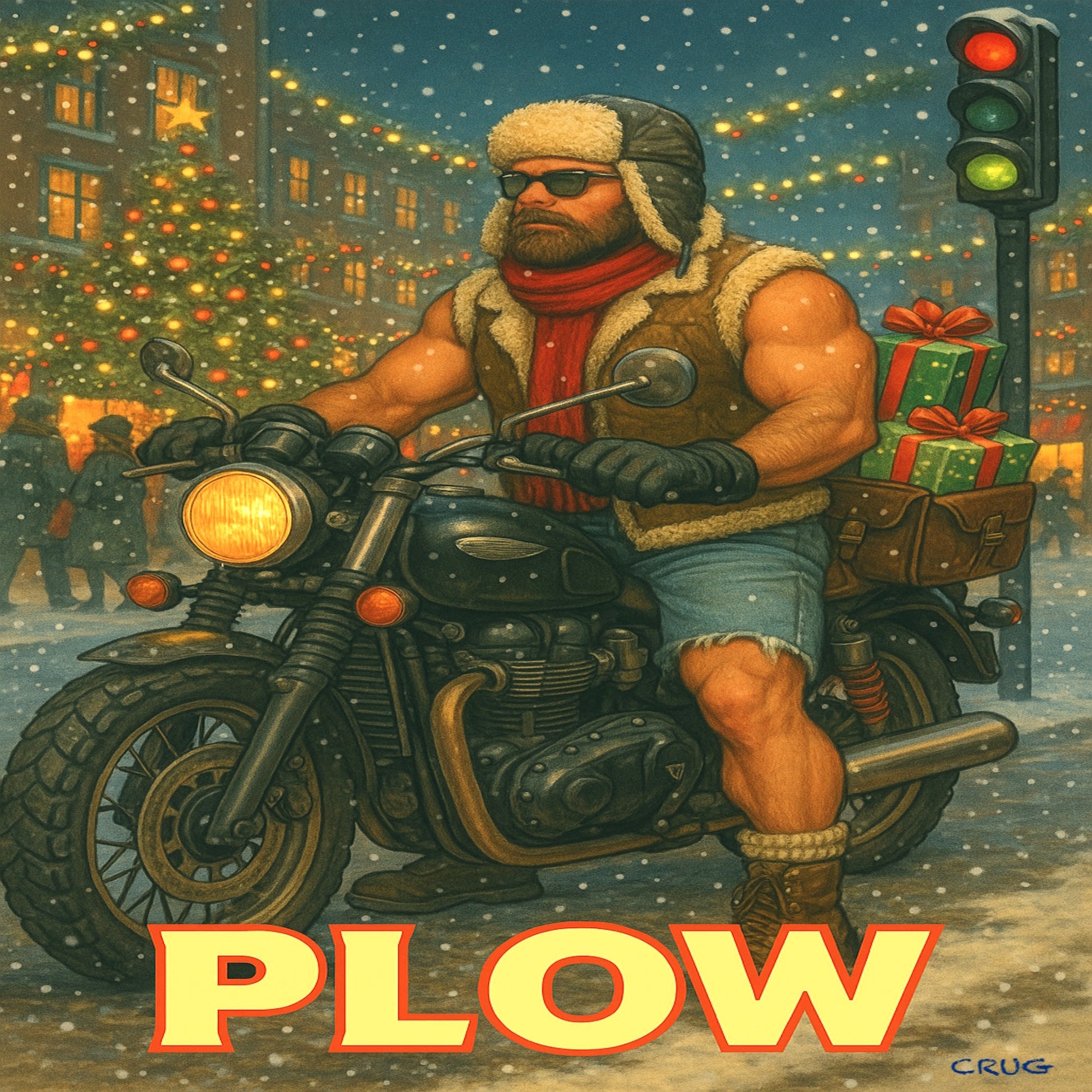 Illustration of a muscular man on a motorcycle with 'PLOW' branding in a snowy cityscape.