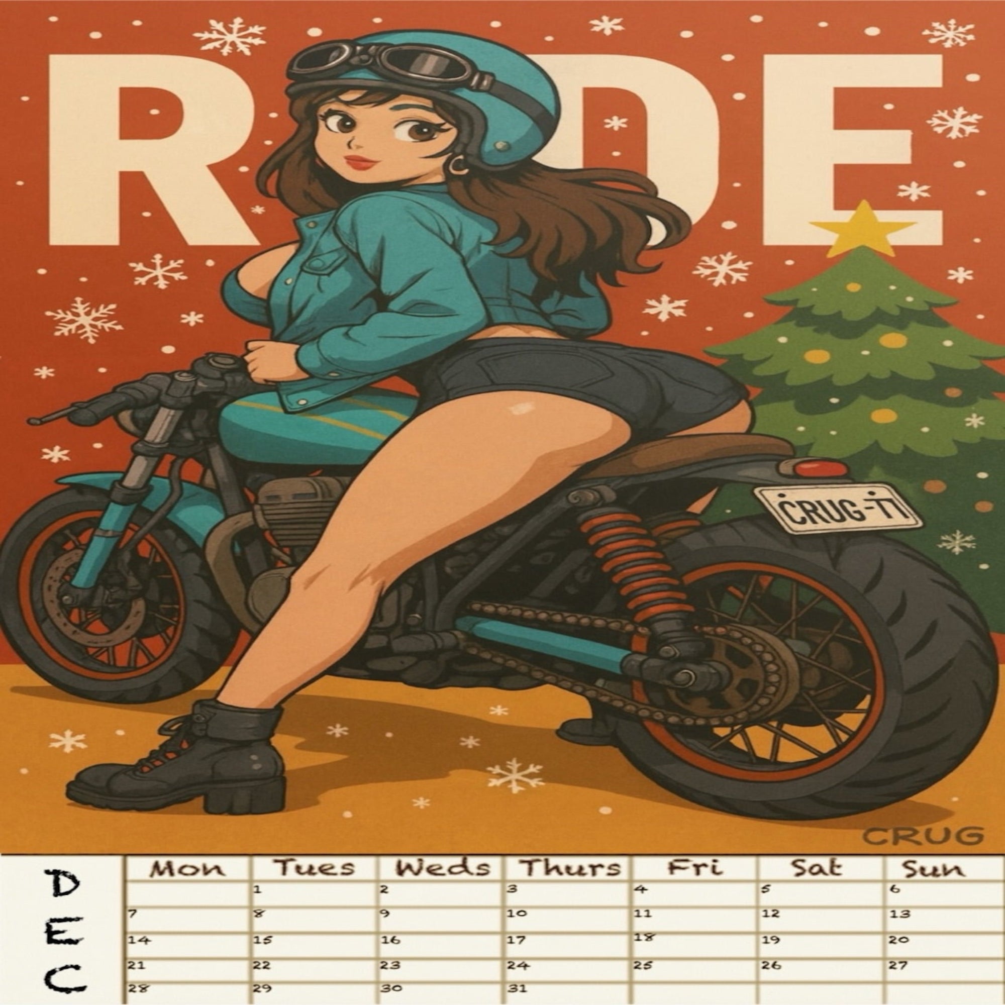 Calendar with a woman on a motorcycle and Christmas tree on an orange background