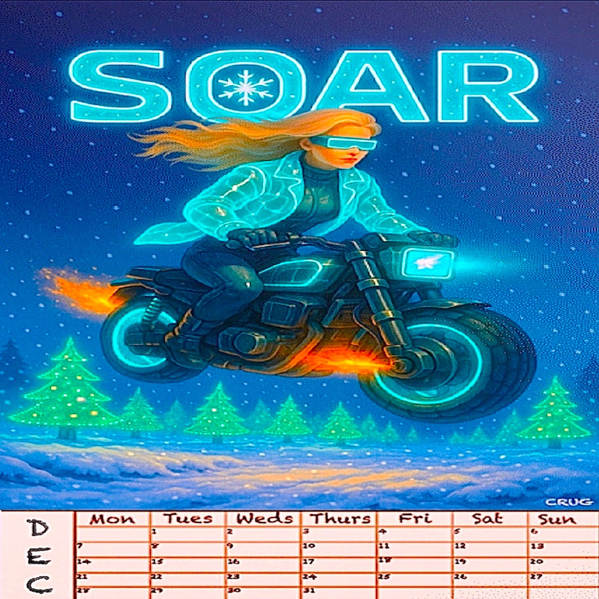 Calendar with a futuristic design of a person on a motorcycle against a snowy landscape, featuring the word 'SOAR'.