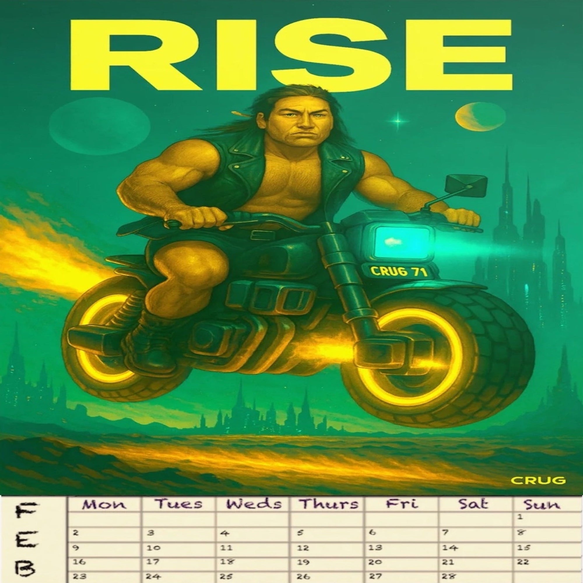 Calendar with a graphic of a muscular figure on a motorcycle and the word 'RISE' at the top.