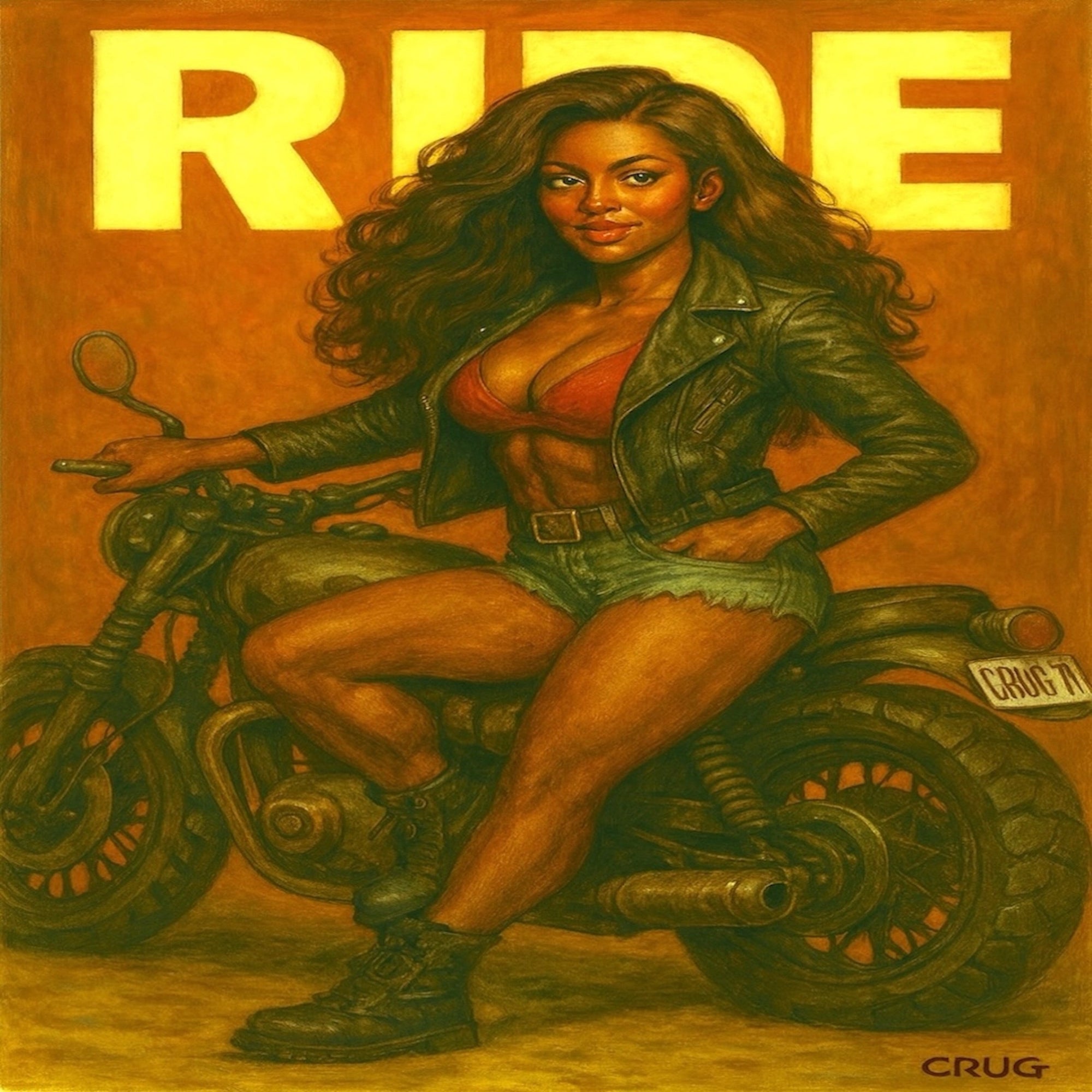 Woman sitting on a motorcycle with 'RIDE' text in the background