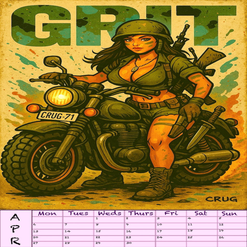 Calendar with a woman on a motorcycle and the word 'GRIT' at the top, with a colorful background.