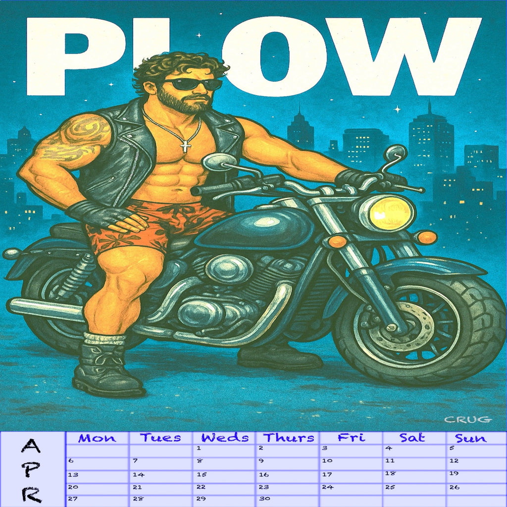 Man on a motorcycle with 'PLow' text and calendar at the bottom