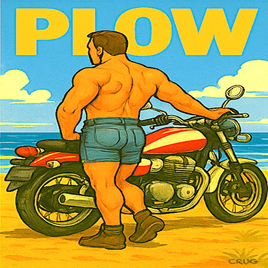 Man standing next to a motorcycle with 'PLow' text on a beach background