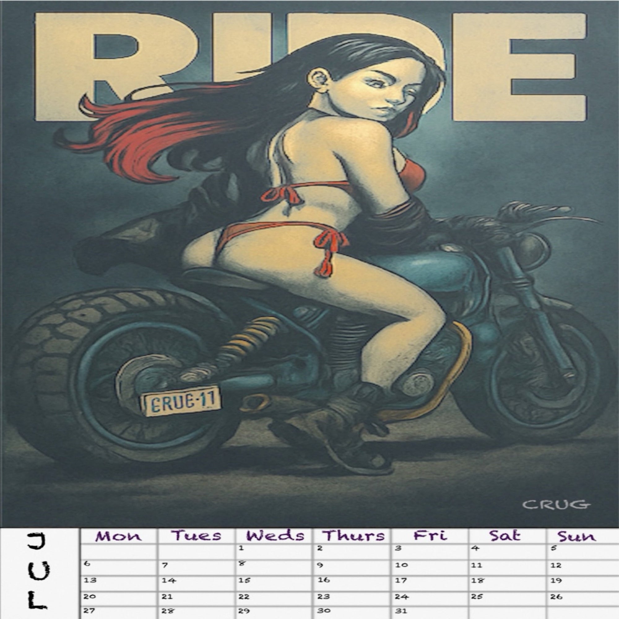 Calendar with a graphic of a woman on a motorcycle and the word 'RIDE' at the top.