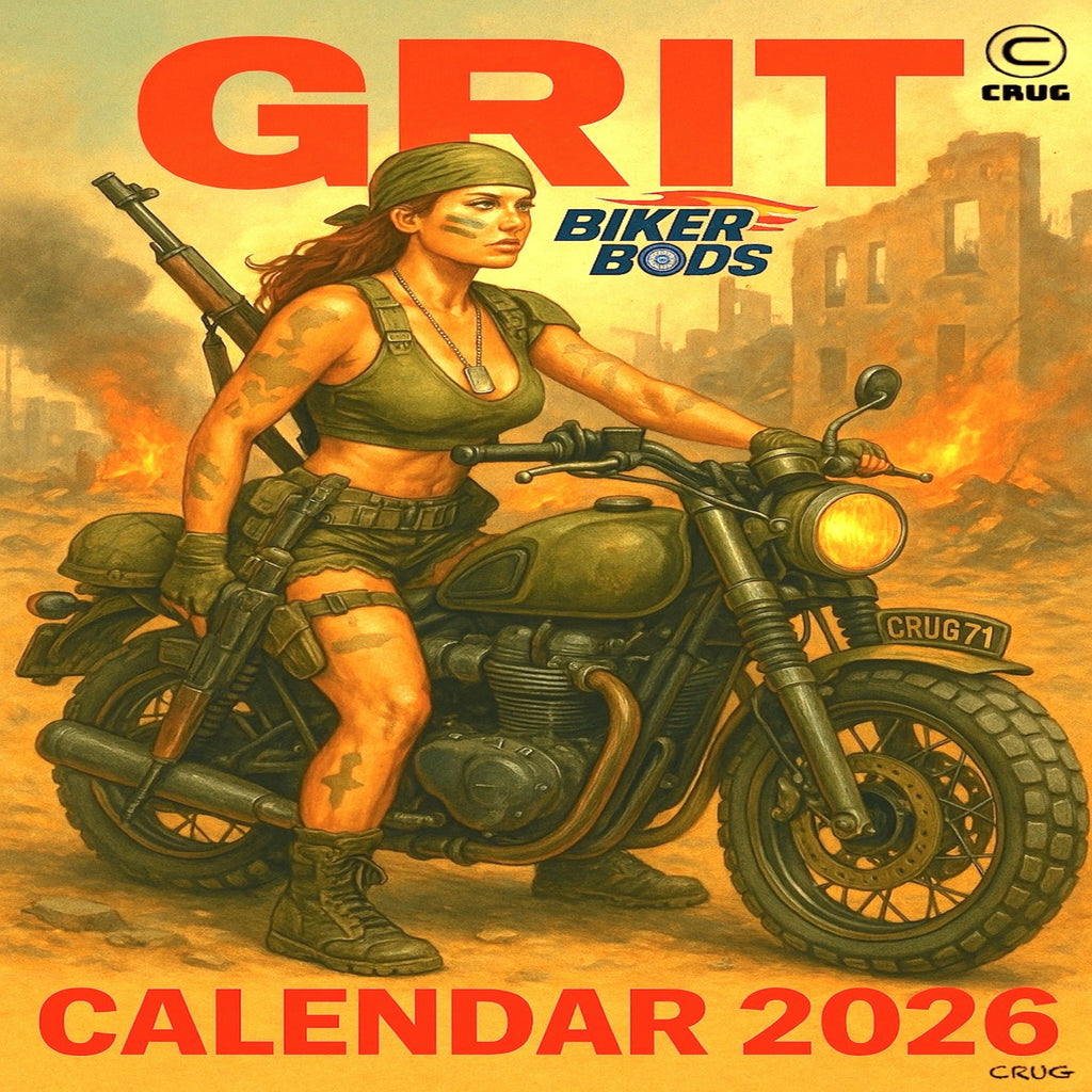 Calendar cover featuring a woman on a motorcycle with fiery background and 'GRIT Biker Bods' branding.