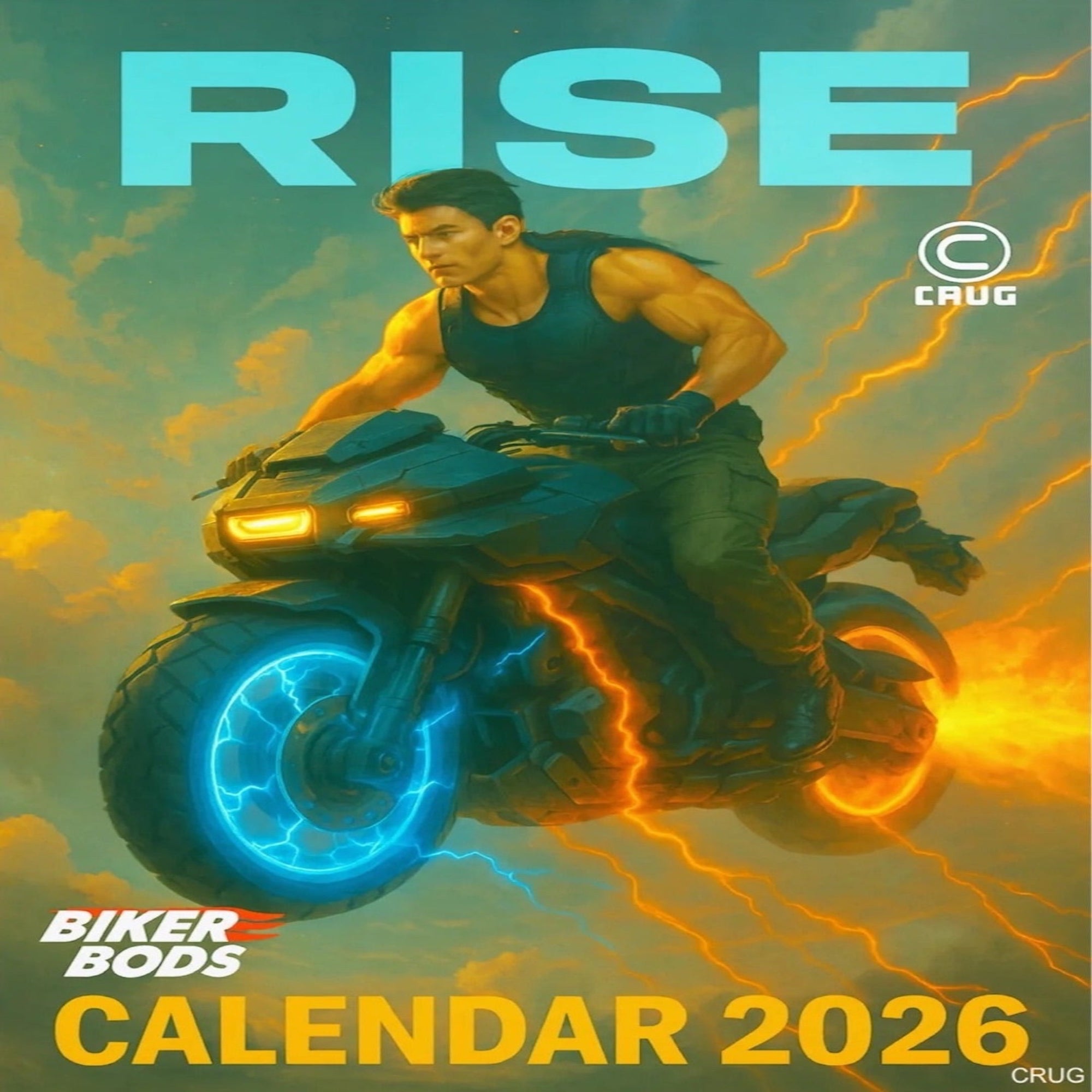 Motorcycle rider on a fiery background with 'RISE' and 'Biker Bods Calendar 2026' text.