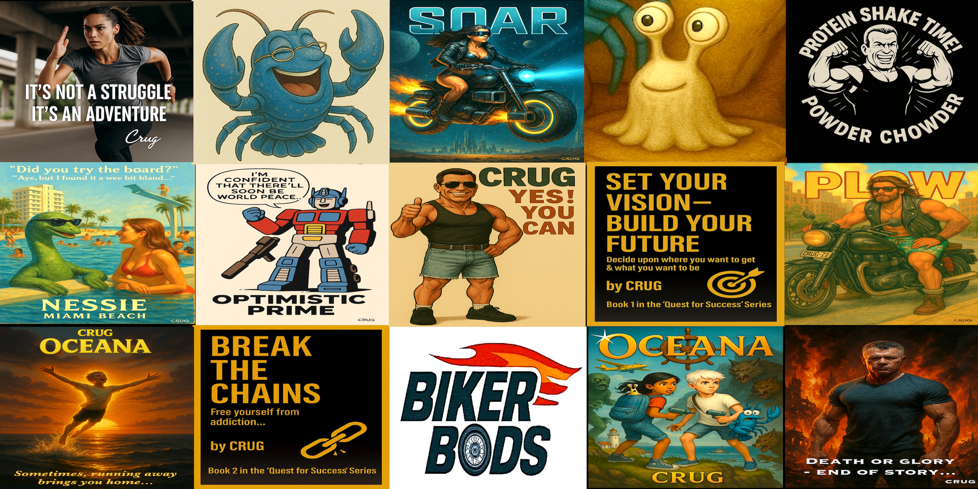 Collage of various posters with different designs and text.