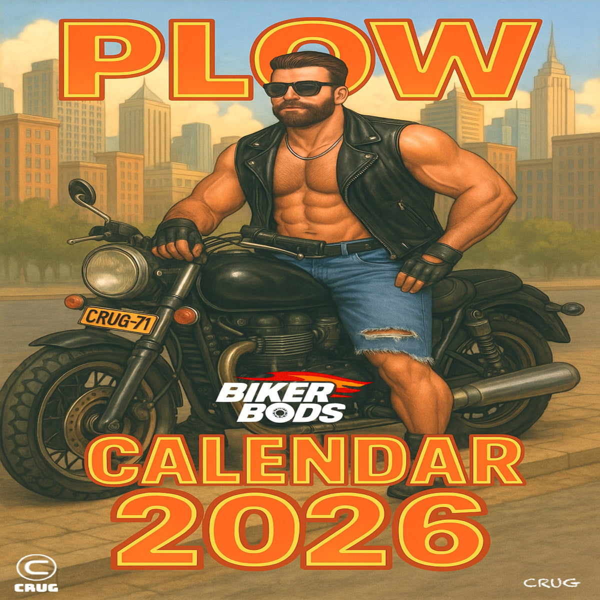 Calendar cover featuring a man on a motorcycle with 'Biker Bods' branding and 'PLOW' text.
