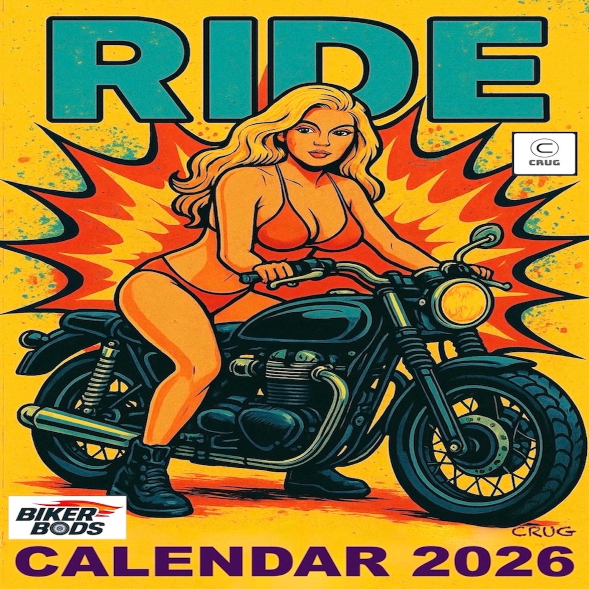 Vintage-style poster with a woman on a motorcycle, featuring the text 'RIDE' and 'Biker Bods Calendar 2026'.